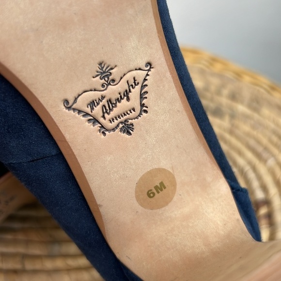 Miss Albright Suede Heels Pumps Navy Rhinestone Leather 6 Minnie Anthro Jewel - Picture 7 of 8